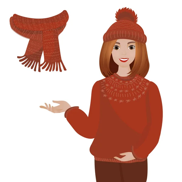 Beautiful Smiling Young Woman Sweater Hat Vector Illustration Isolated White — Stock Vector
