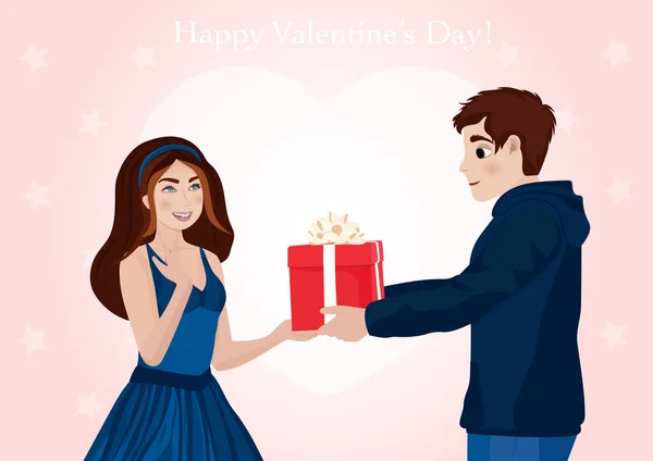 Tarjeta de San Valentín. Un par de amantes se dan regalos . — Vector de stock