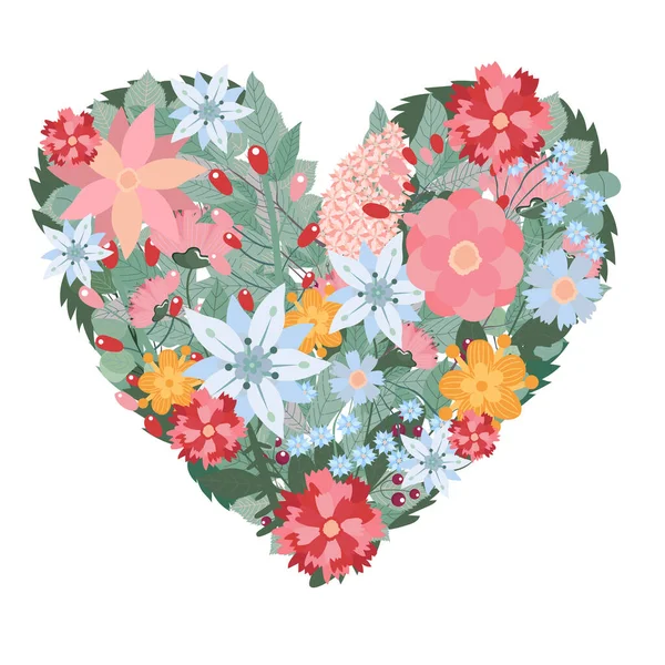 Corazón brillante hecho de flores en vector. Invitación romántica de dibujos animados — Vector de stock