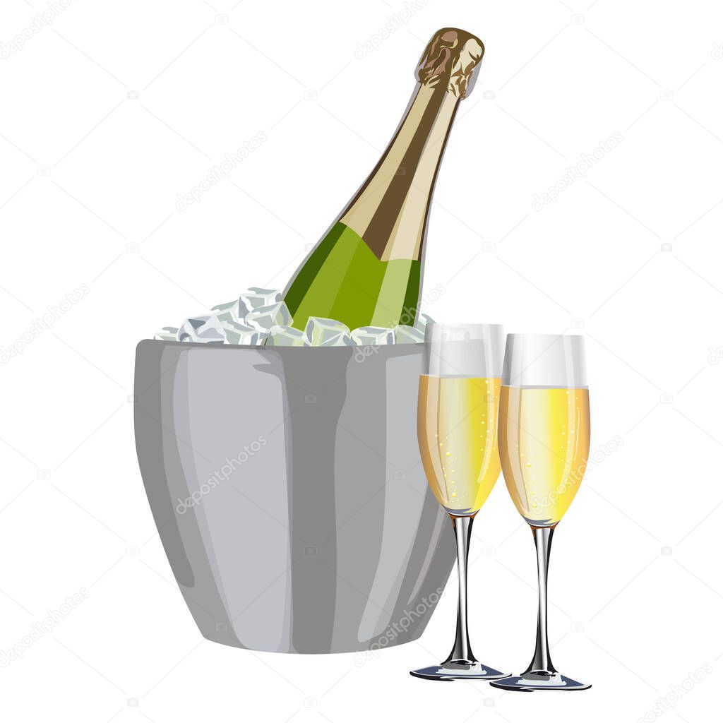 Champagne in pail. Vector illustration. Isolated on a white back