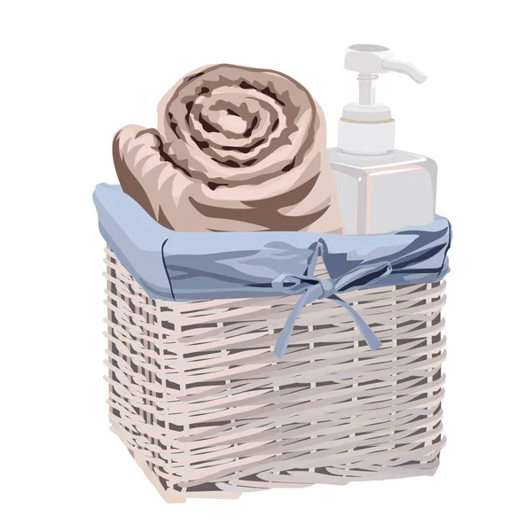 Ilustración vectorial de toallas en cesta de mimbre . — Vector de stock