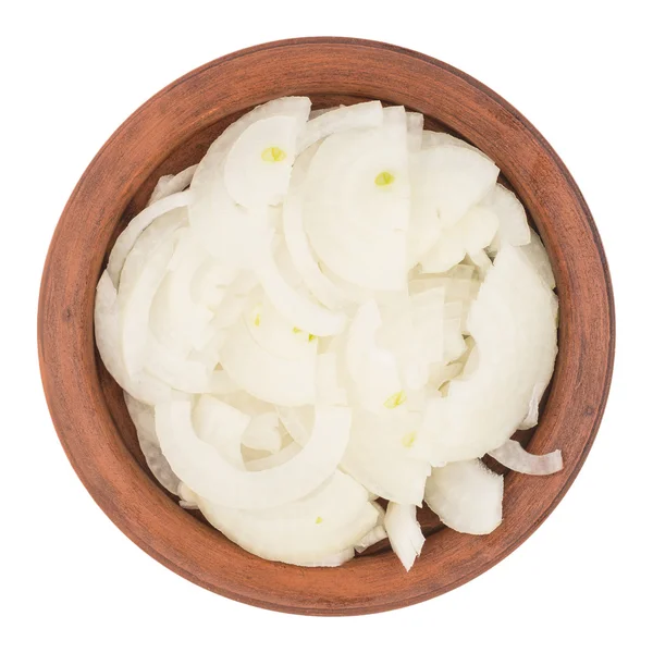 Sliced onion in a brown bowl. Isolated on white background. — Stock Photo, Image