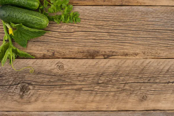Fresh cucumbers on the old wooden table. — Stock Photo, Image