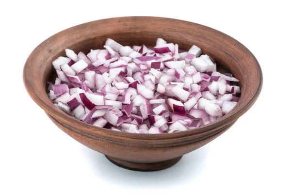 Bowl of chopped red onion on white background. — Stock Photo, Image