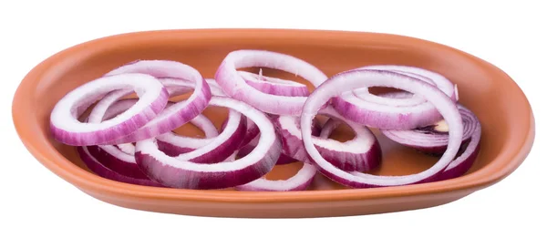 Plate of chopped red onion on white background. — Stock Photo, Image