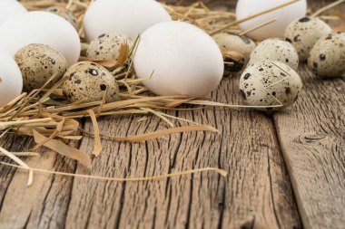 Tavuk ve Bıldırcın yumurta bir saman ve ahşap bir masa.