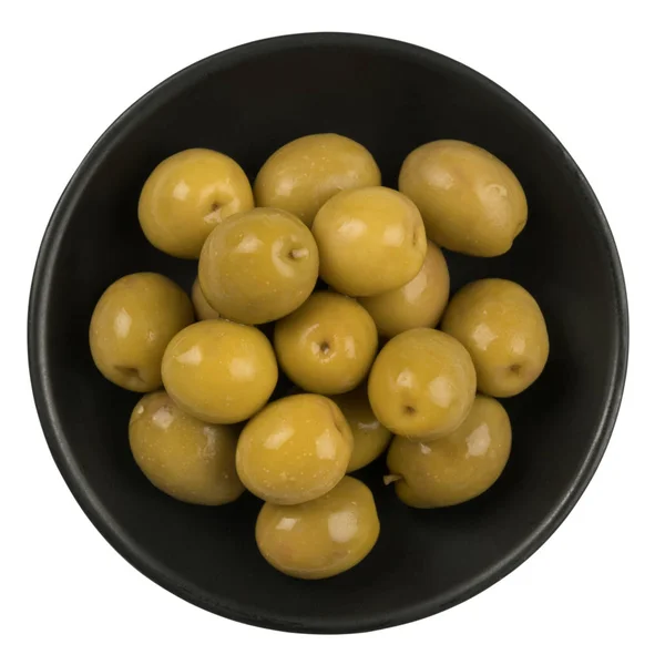Olives in a black plate isolated on white background. — Stock Photo, Image