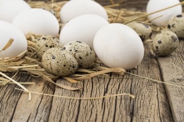 Tavuk ve Bıldırcın yumurta bir saman ve ahşap bir masa. 