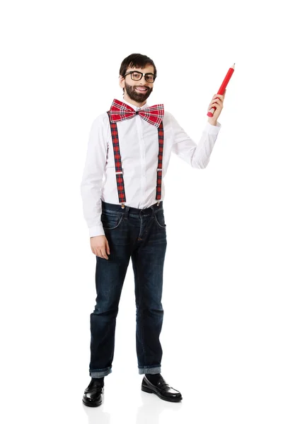 Old fashioned man pointing up with big pencil. — Stock Photo, Image