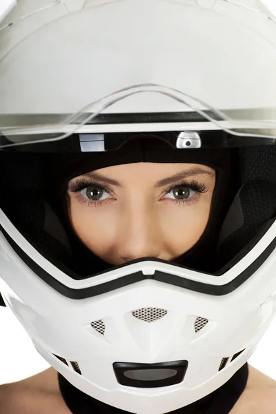 오토바이 헬멧을 가진 섹시 한 여자. — 스톡 사진