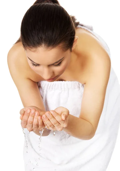 Woman washing her clean face. — Stock Photo, Image