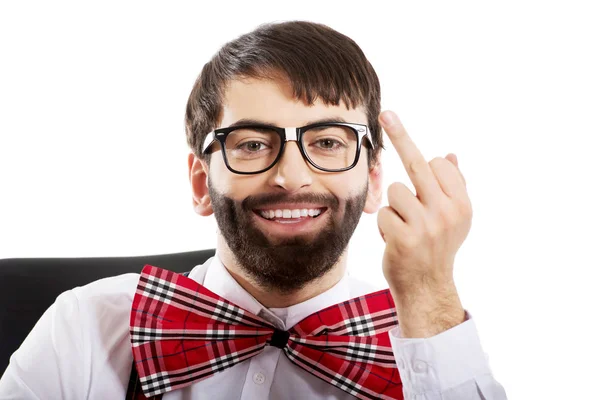 Young old fashioned man showing middle finger. — Stock Photo, Image