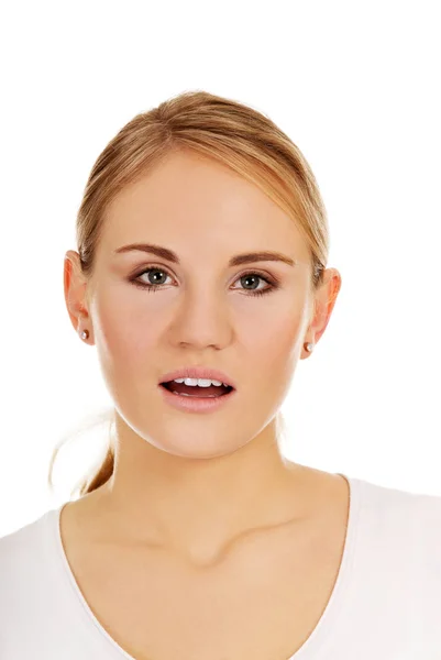 Young shocked woman with open mouth — Stock Photo, Image