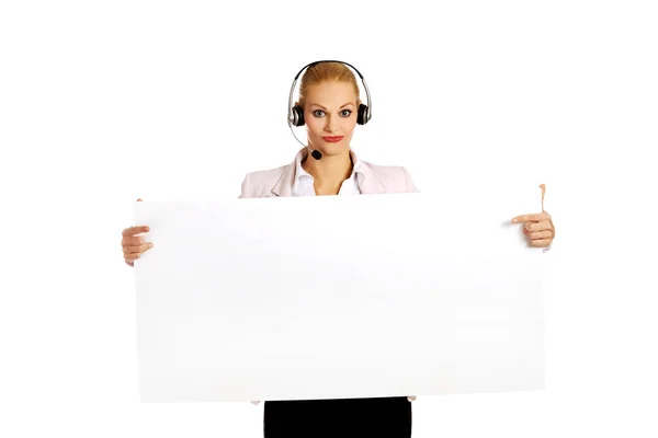 Smile call center woman holding empty banner — Stock Photo, Image