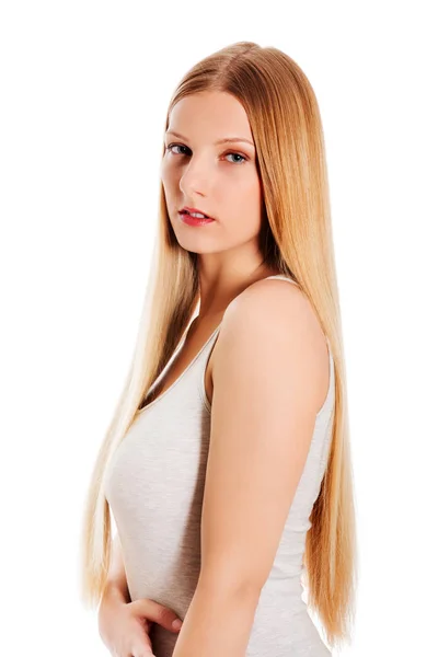 Cabelo loiro. Mulher bonita com cabelos longos lisos. — Fotografia de Stock