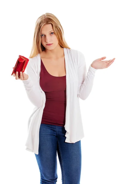 Junge Frau zeigt ihre leere Brieftasche. Konkurs — Stockfoto