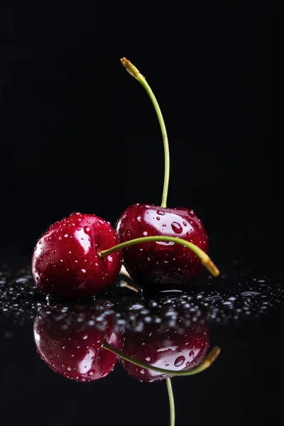 Due succose ciliegie fresche bagnate — Foto Stock