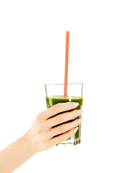 Femme mains tenant vert detox smoothie — Photo