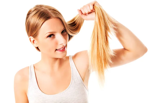 Cabelo loiro. Mulher bonita com cabelos longos lisos. — Fotografia de Stock