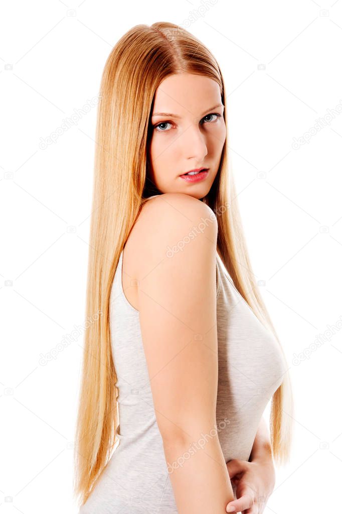 Blond hair. Beautiful woman with straight long hair.