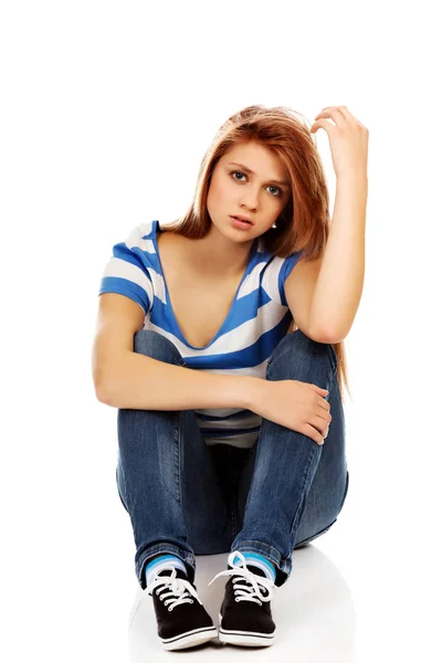 Teenage depression woman sitting on the floor — Stock Photo, Image