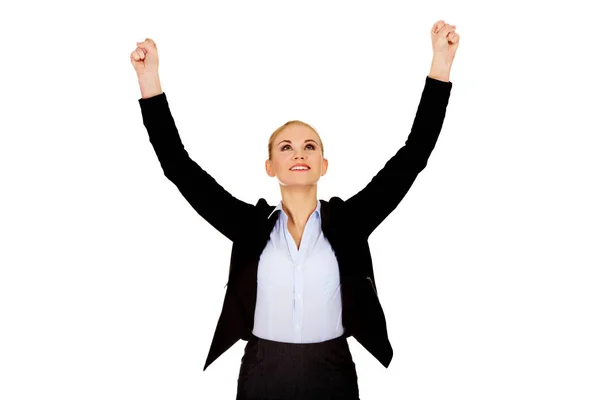 Young happy business woman with arms up — Stock Photo, Image