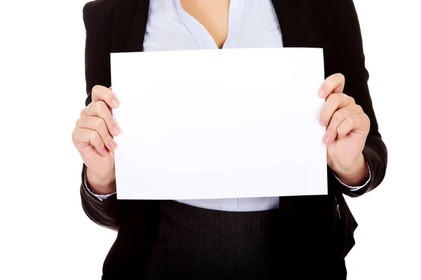 Business woman holding empty banner — Stock Photo, Image