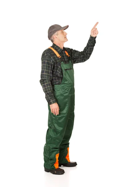 Mature gardener in uniform pointing up — Stock Photo, Image