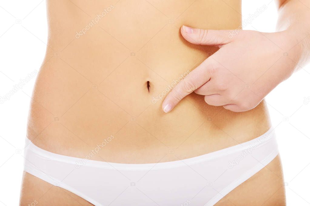 Woman pointing finger for her belly