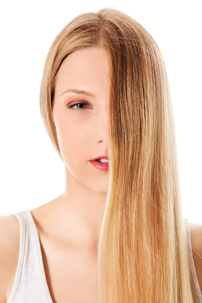 Capelli biondi. Bella donna con i capelli lunghi dritti. — Foto Stock