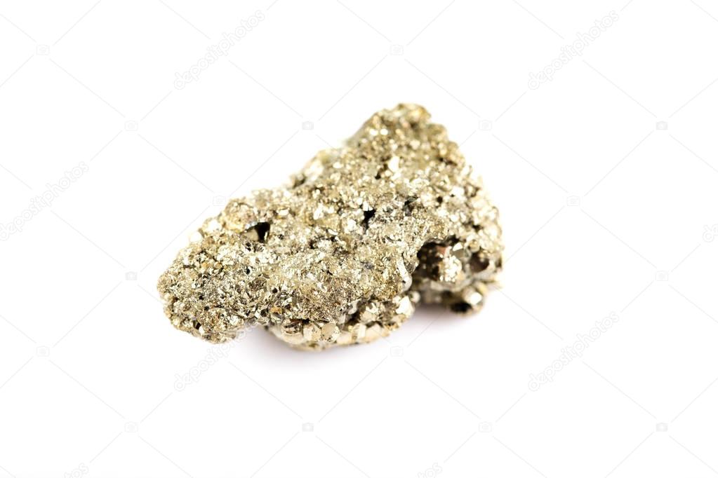 Pyrite mineral crystals on white background