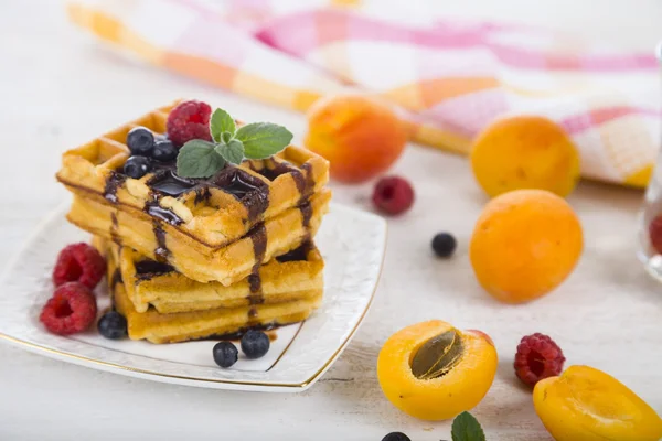 Delicious waffle with berries and chocolate — Stock Photo, Image