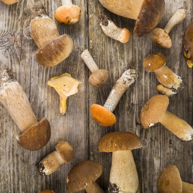 Ahşap bir masada çiğ mantar.. 