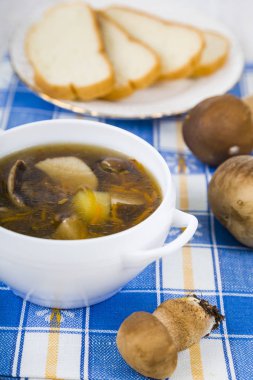 Ahşap bir masa üzerinde yabani mantar çorbası