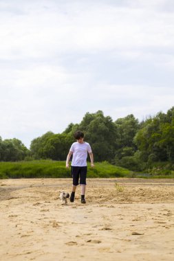 Çocuk ve kumlu bir plaj boyunca bir yaz gününde çalışan köpek