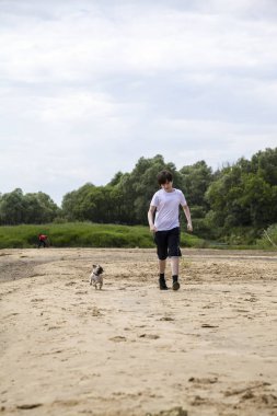 Çocuk ve kumlu bir plaj boyunca bir yaz gününde çalışan köpek