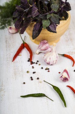 Maydanoz, dereotu, fesleğen hafif ahşap arka plan üzerinde.