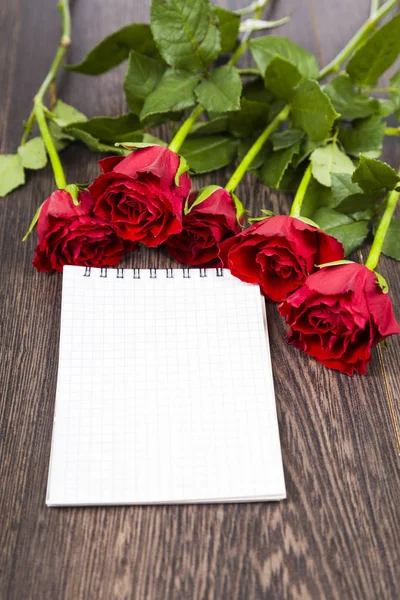 Red roses and card on a dark wooden background. — Stock Photo, Image