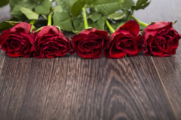 Червоні троянди на темному дерев'яному фоні . — стокове фото