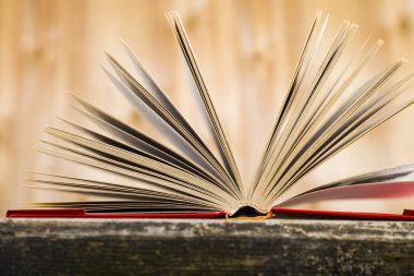 Tahta bir masanın üzerinde açık bir kitap  