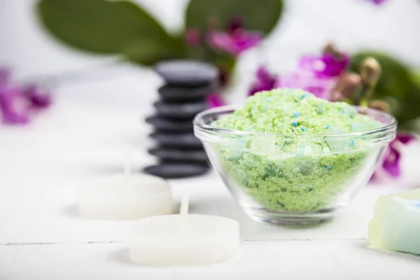 Spa treatments on wooden table.