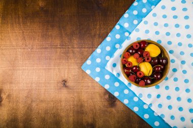 Ahşap bir masa üzerinde bir tabak içinde olgun çilek. 