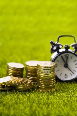 Çalar saat ve sikkeler çimenlerin üzerinde.