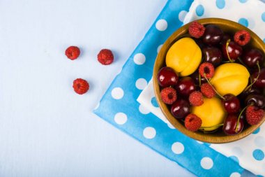 Ahşap bir masa üzerinde bir tabak içinde olgun çilek.