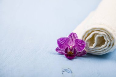 Beyaz ve mavi havlu ve bir orkide çiçeği.
