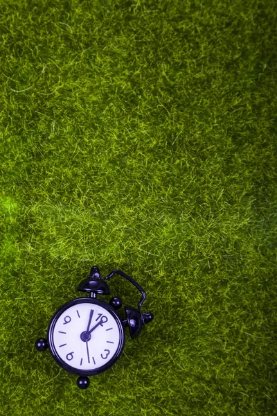 Alarm clock on green grass — Stock Photo, Image