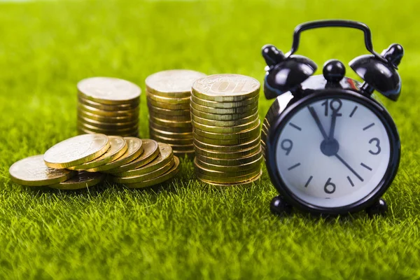 Çalar saat ve sikkeler çimenlerin üzerinde.