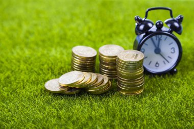 Çalar saat ve sikkeler çimenlerin üzerinde.