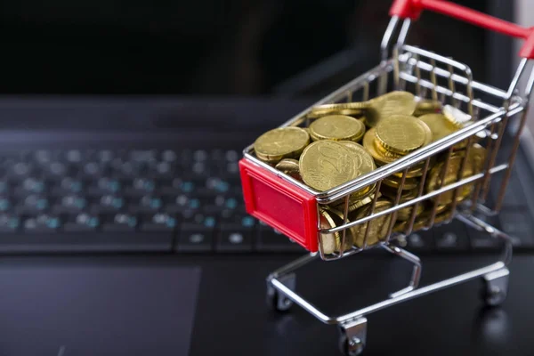 Shopping trolley with coins on a laptop — Stock Photo, Image