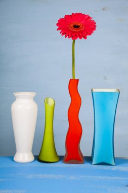 Çok renkli vazolar ve pembe gerbera 